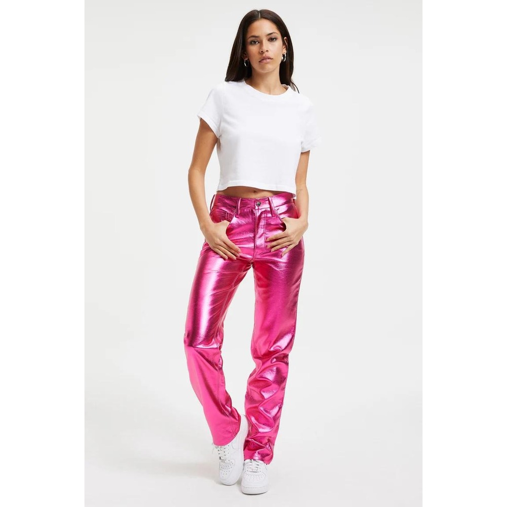 Barbiecore Good American Good 90s Pink Metallic Faux Leather Pants Size 4 27